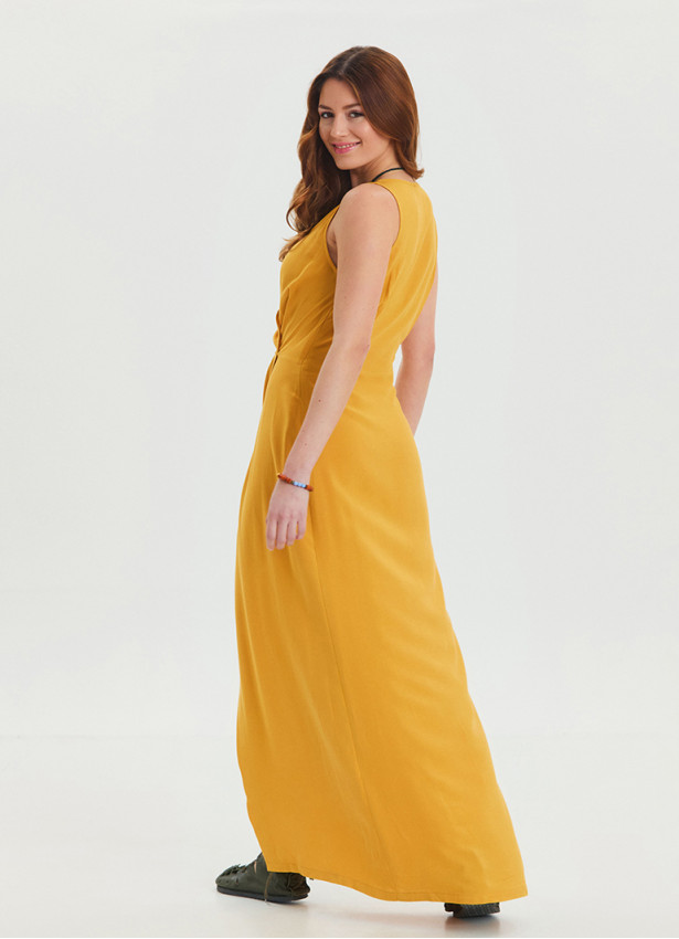 V Neck Slit Detailed Yellow Long Dress 4453